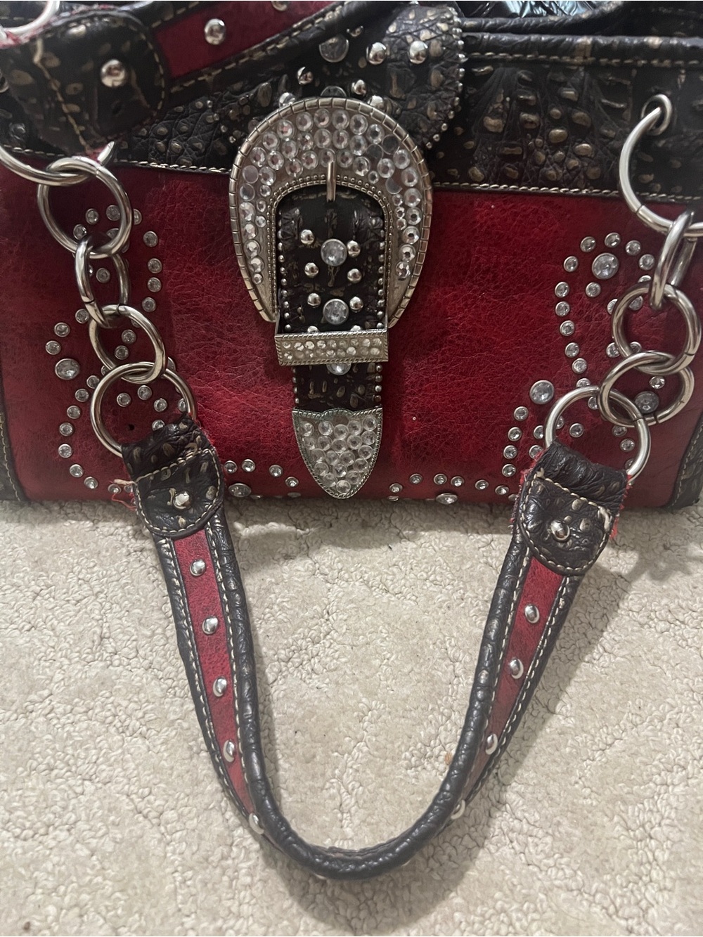 Rustic Coutures Red and Brown Studded Western Satchel with Rhinestone Buckle